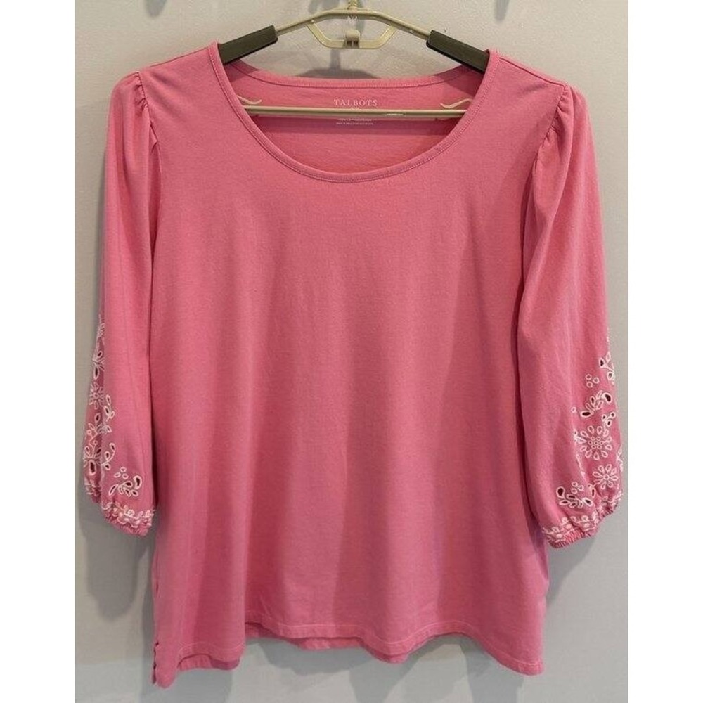 Talbots Plus 100% Cotton Pink Shirt 3/4 Balloon Sleeve White Eyelet Detail 2X